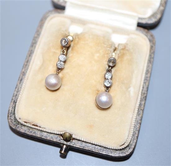 A pair of Edwardian gold, cultured pearl? and diamond drop ear clips, 22mm.